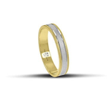 Δίχρωμες βέρες γάμου 4.5 mm, χρυσές και λευκόχρυσες, ματ με δύο λεπτές λουστρέ γραμμές, minimal σχεδίασης και χειροποίητης κατασκευής, διαθέσιμες σε 9, 14, 18 ή 22 καράτια.